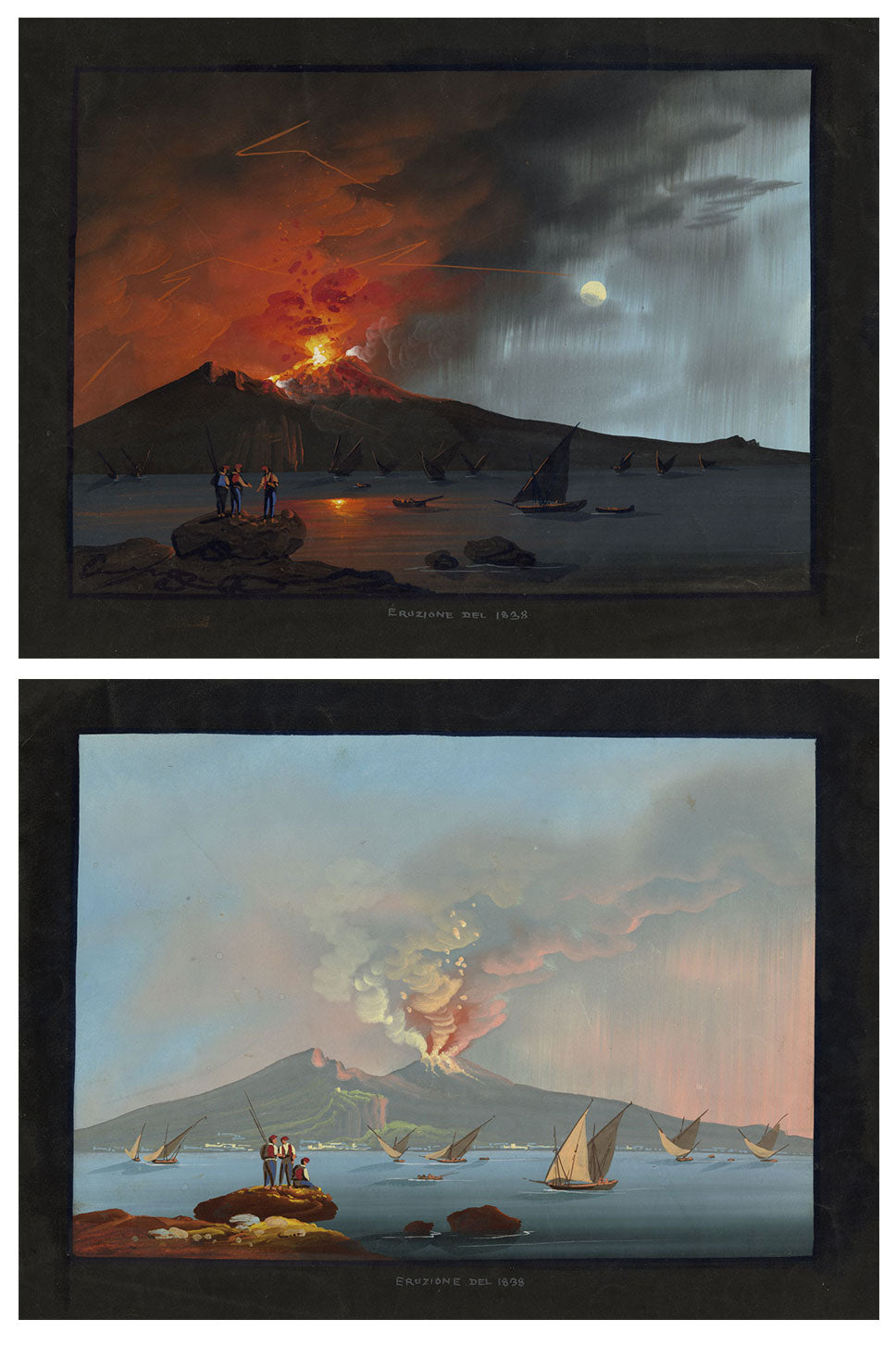 Neapolitan School, Vesuvius in Eruption, 1838 (Day and Night) – Pair of early 19th-century gouache paintings