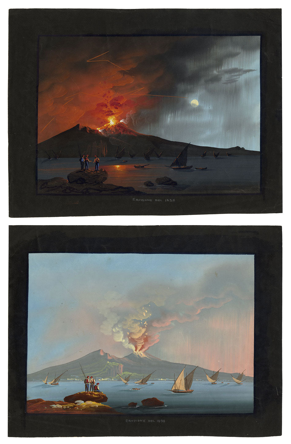 Neapolitan School, Vesuvius in Eruption, 1838 (Day and Night) – Pair of early 19th-century gouache paintings