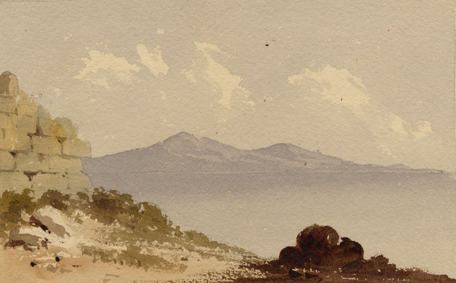 Circle of William Page, Coastline with Ruin Wall, Possibly Corfu, Greece – Early 19th-century watercolour painting