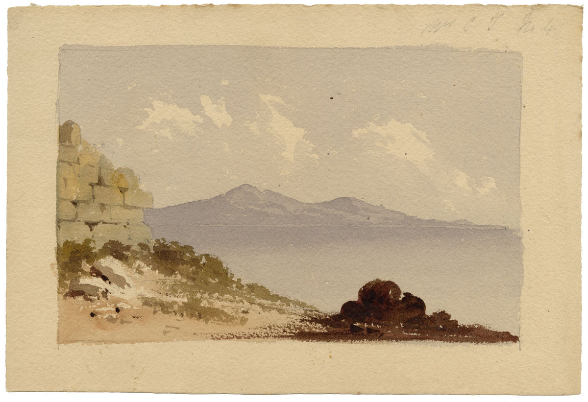 Circle of William Page, Coastline with Ruin Wall, Possibly Corfu, Greece – Early 19th-century watercolour painting