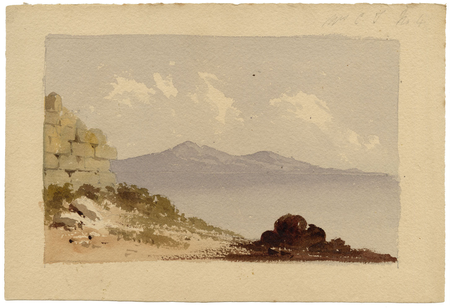 Circle of William Page, Coastline with Ruin Wall, Possibly Corfu, Greece – Early 19th-century watercolour painting