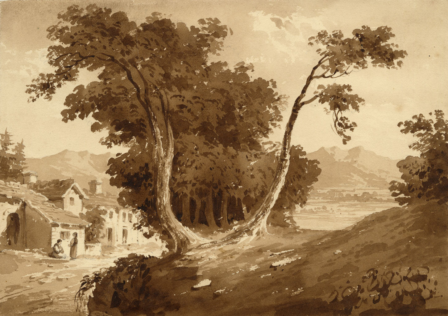 Attrib. William Page, Figures on a Path, Possibly Ithaca, Greece – Early 19th-century watercolour painting