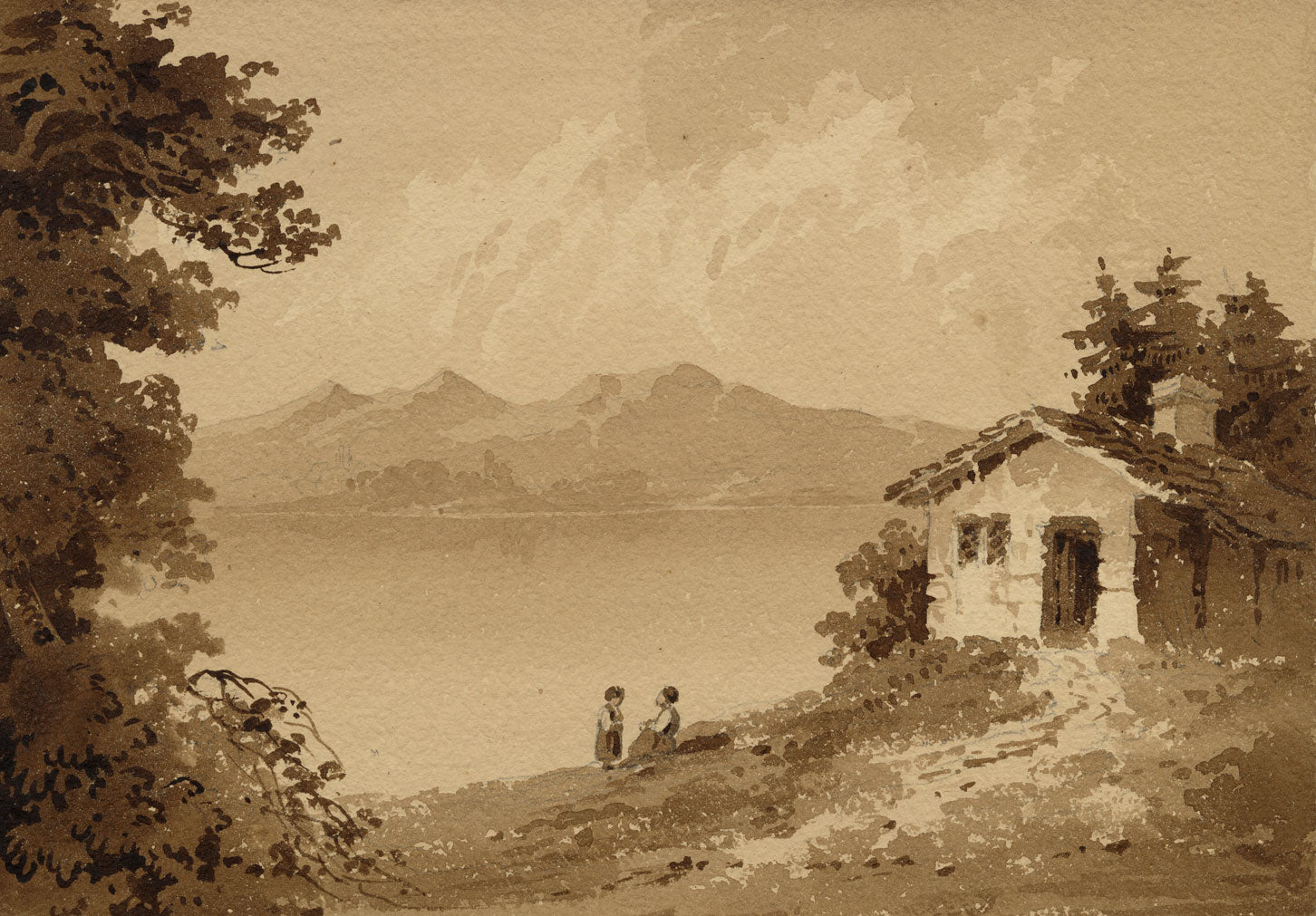 Attrib. William Page, Figures & Cottage by the Water, Probably Greece or Turkey – Early 19th-century watercolour painting