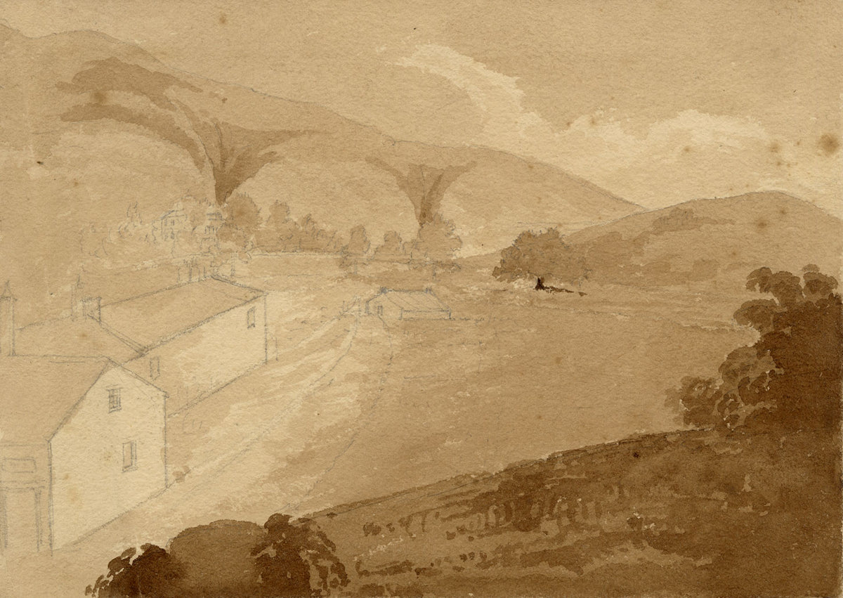 Circle of William Page, British Landscape with Hills & Cottages – Early 19th-century watercolour painting
