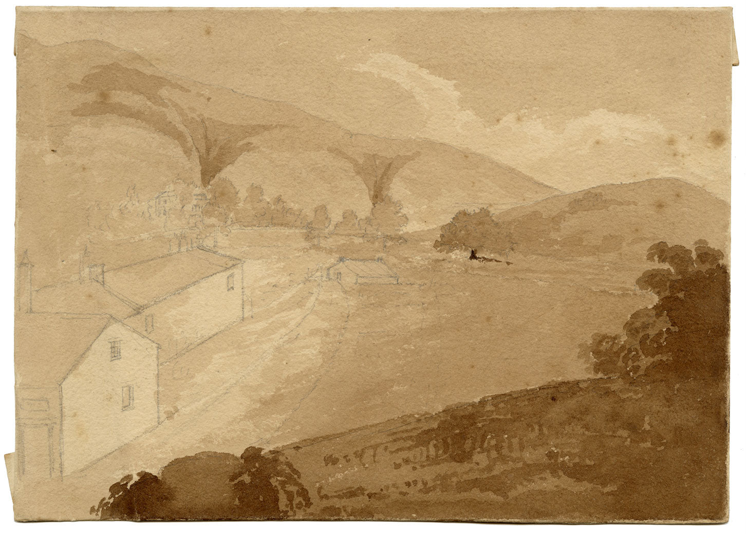 Circle of William Page, British Landscape with Hills & Cottages – Early 19th-century watercolour painting