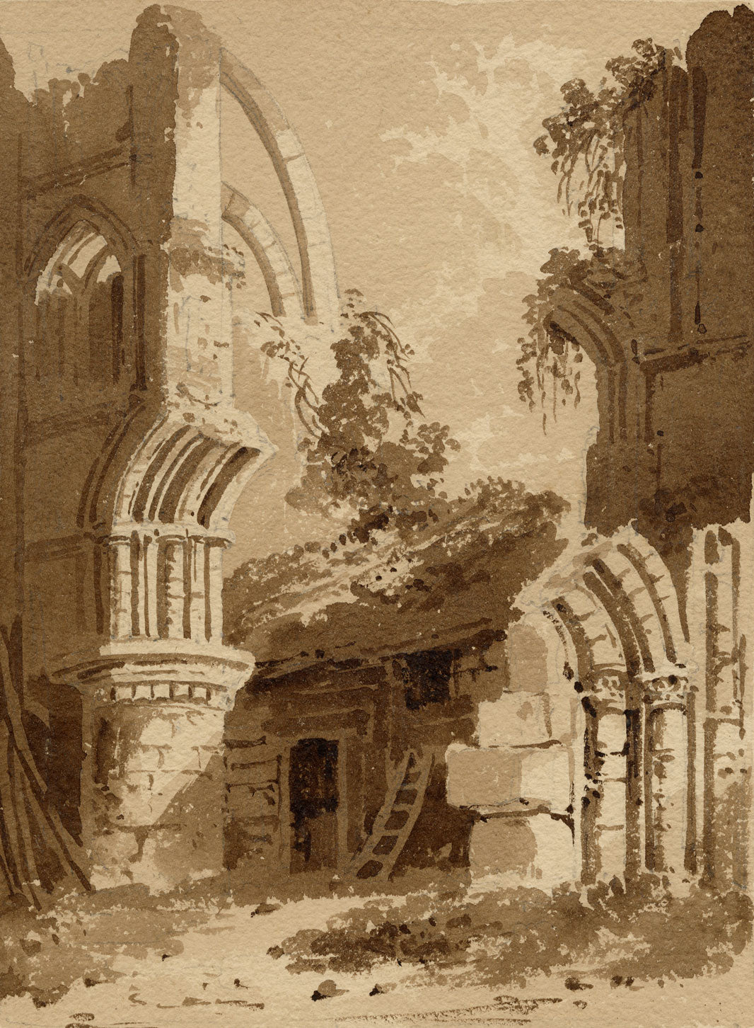 Attrib. William Page, Malmesbury Abbey Ruin – Early 19th-century watercolour painting
