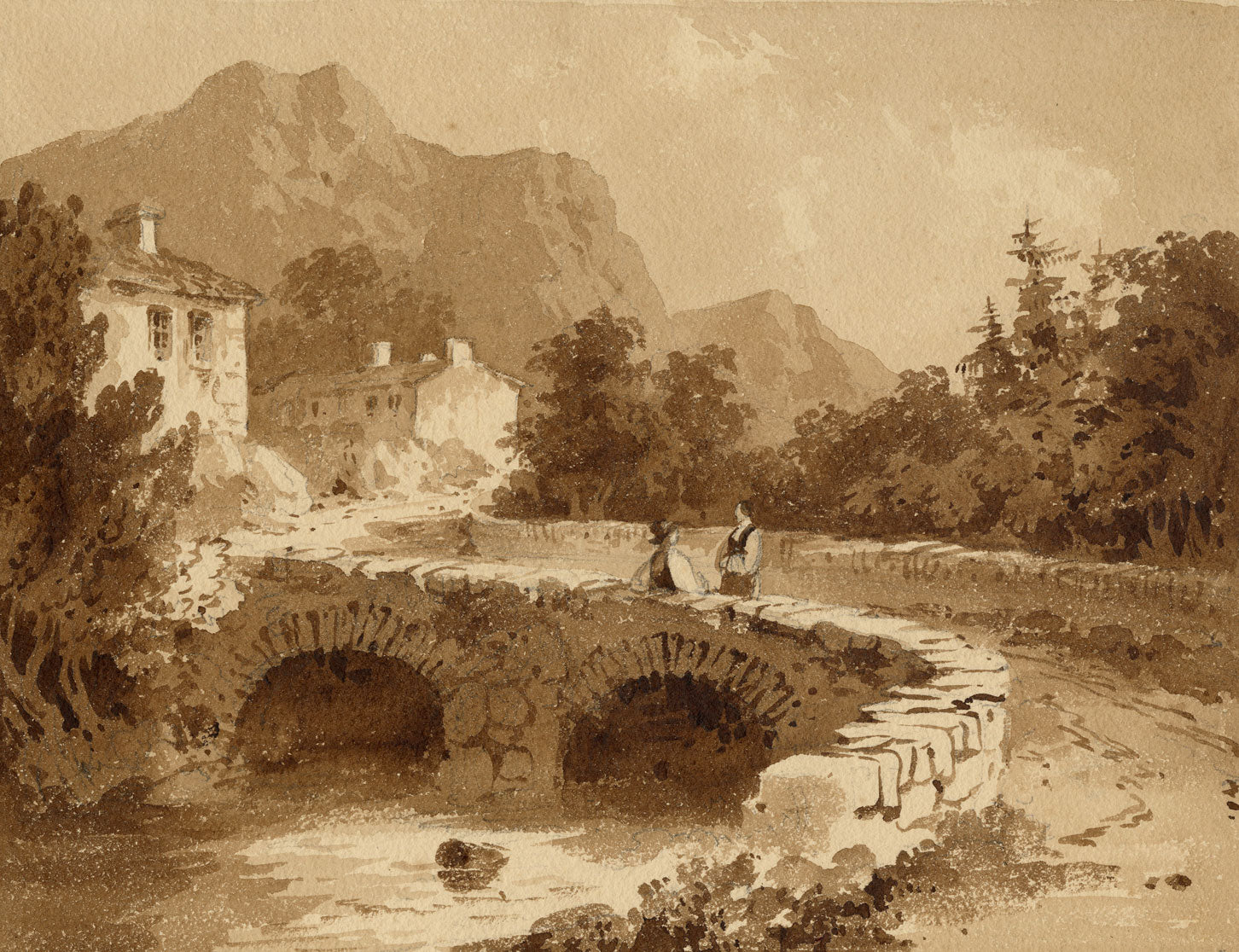 Attrib. William Page, Figures on a Stone Bridge – Early 19th-century watercolour painting