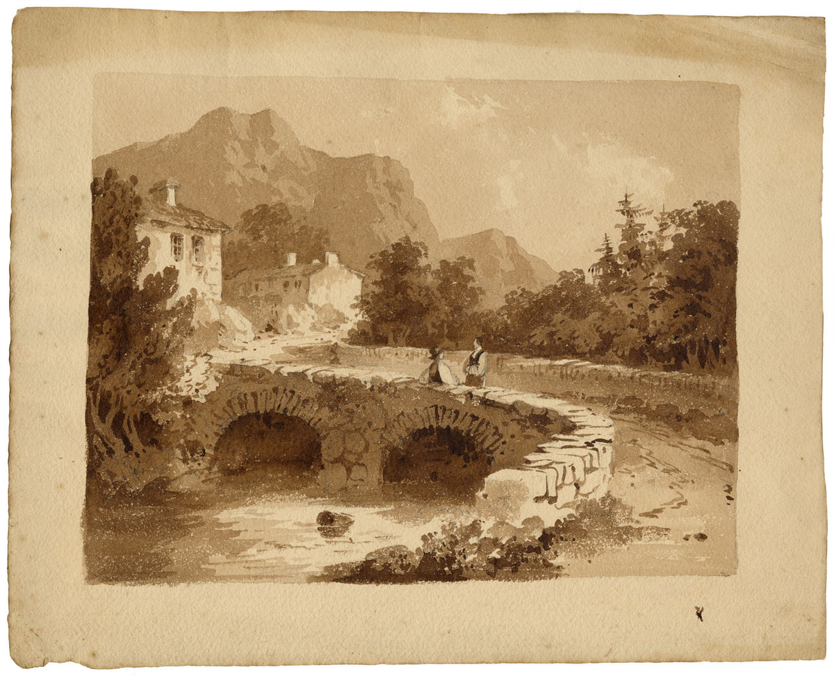 Attrib. William Page, Figures on a Stone Bridge – Early 19th-century watercolour painting