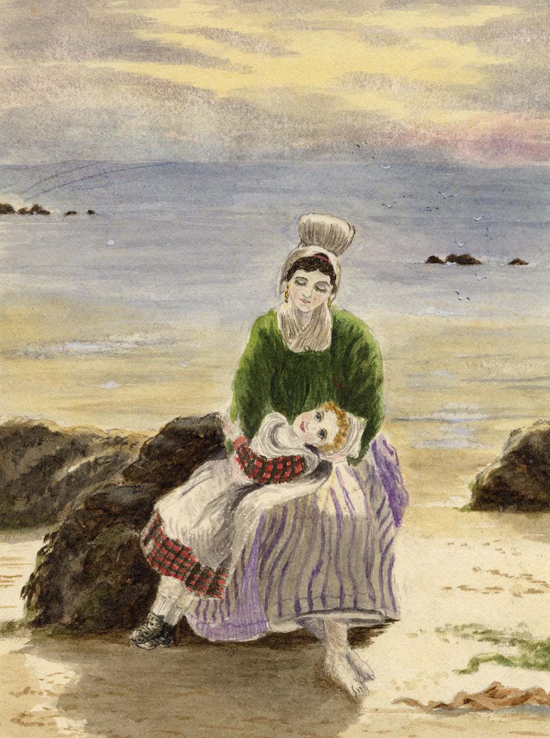 Hunter, Scottish Fisherwoman & Daughter, Berwickshire – 1870s watercolour painting