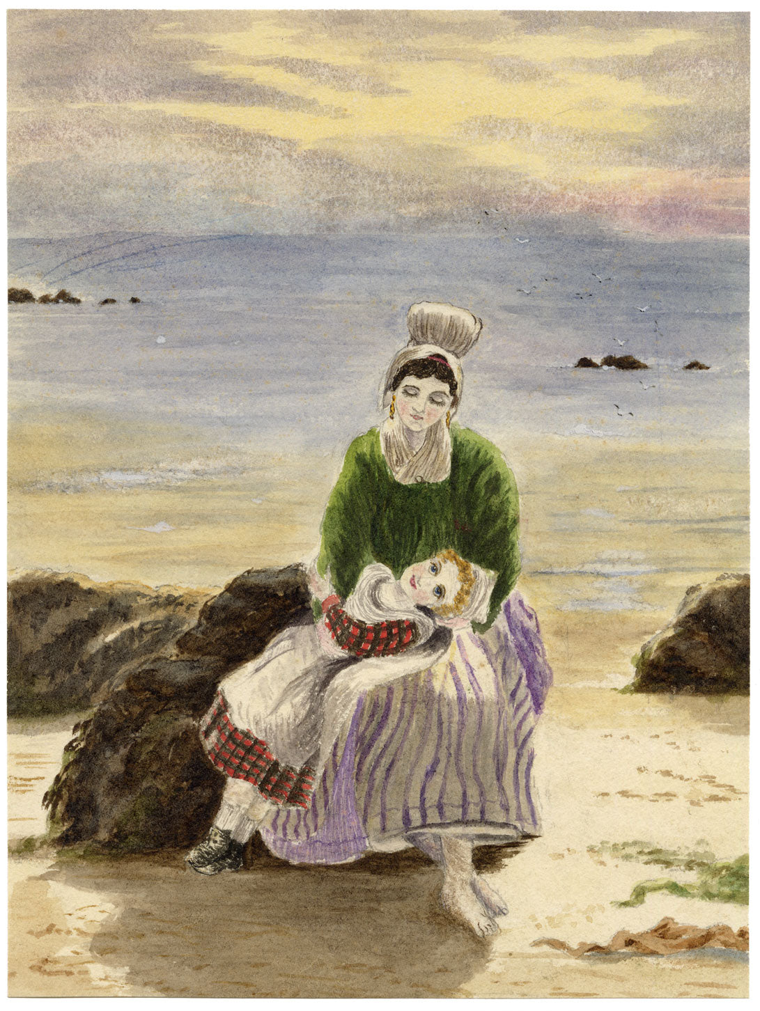 Hunter, Scottish Fisherwoman & Daughter, Berwickshire – 1870s watercolour painting