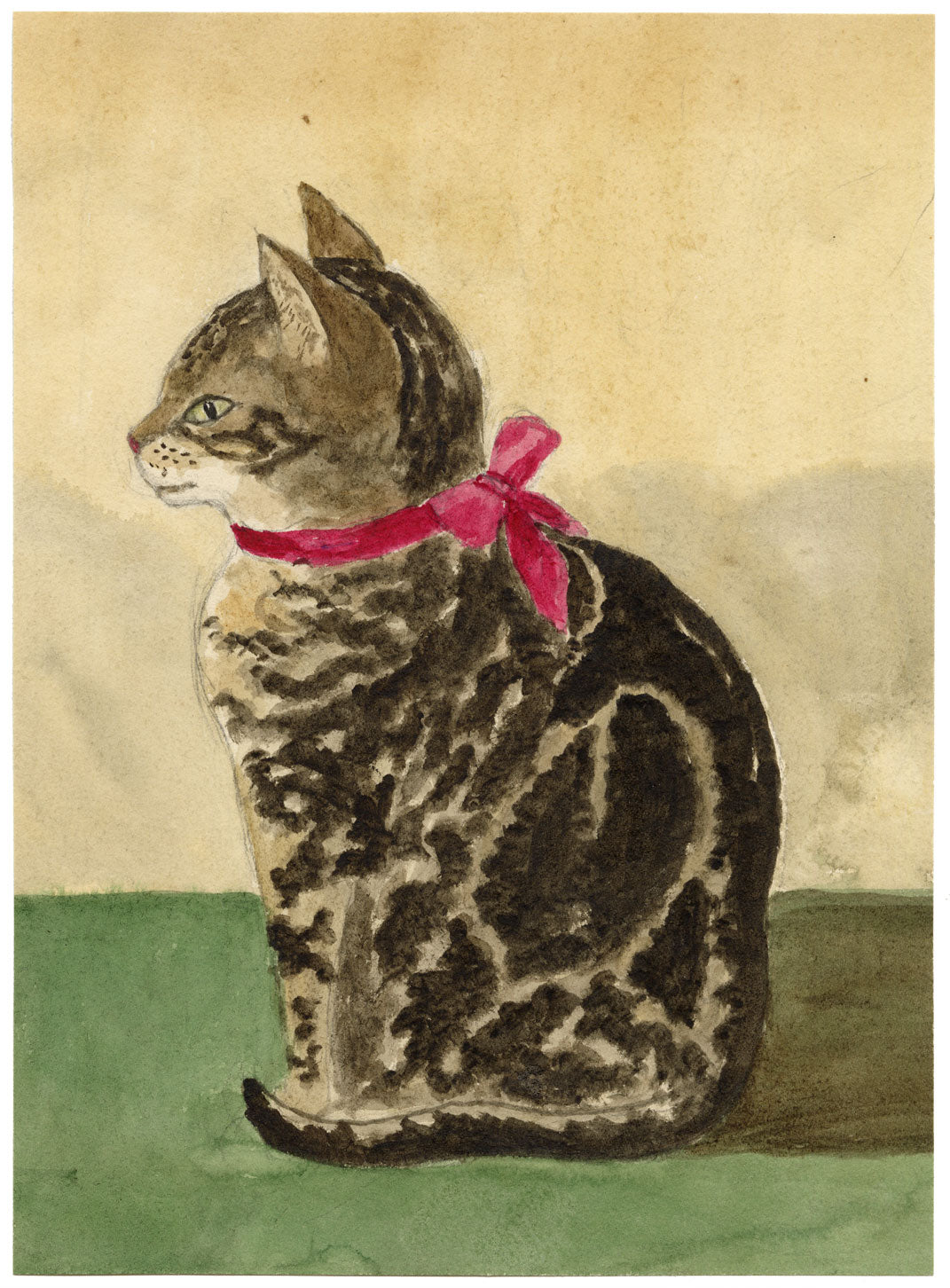Isabella Hunter, Tabby Cat 'Flossy' with Bow Collar, Scottish Borders – 1870s watercolour painting