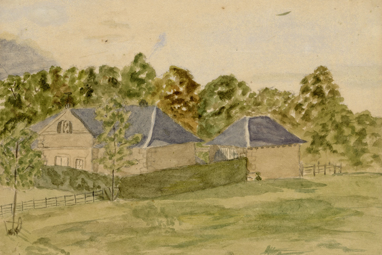 Hunter, Stables at Anton’s Hill, Berwickshire, Scottish Borders – 1873 watercolour painting