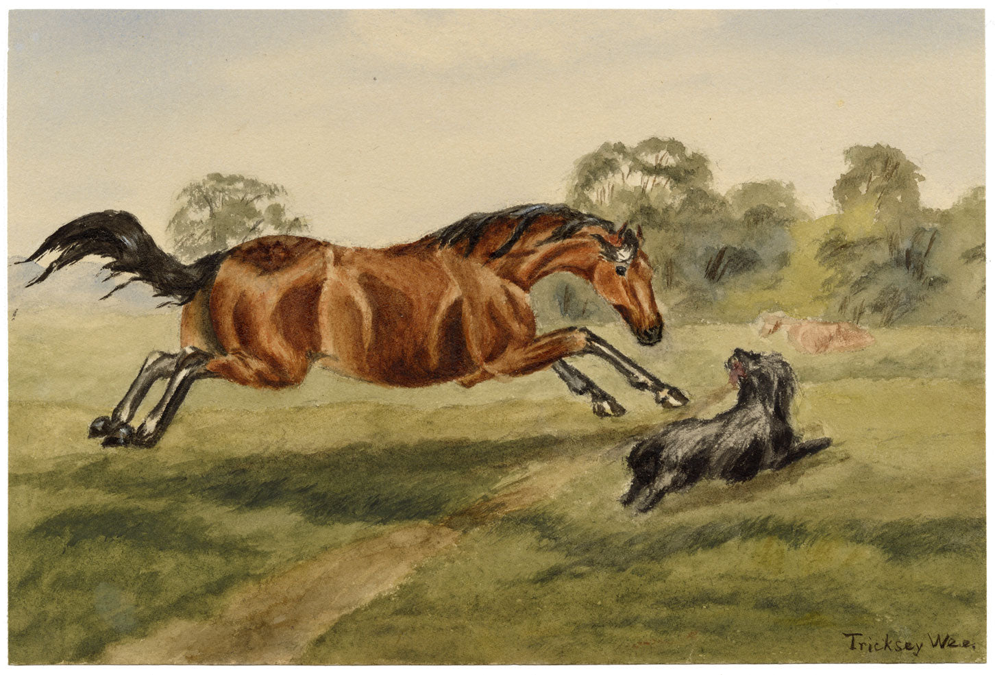 Isabella Hunter, Gamesome as the Colt from Tennyson, Horse & Dog, Scottish Borders – 1876 watercolour painting