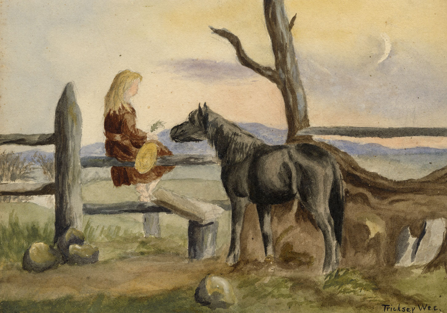 Isabella Hunter, Girl with Her Horse at Dusk, Scottish Borders – 1875 watercolour painting