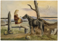 Isabella Hunter, Girl with Her Horse at Dusk, Scottish Borders – 1875 watercolour painting