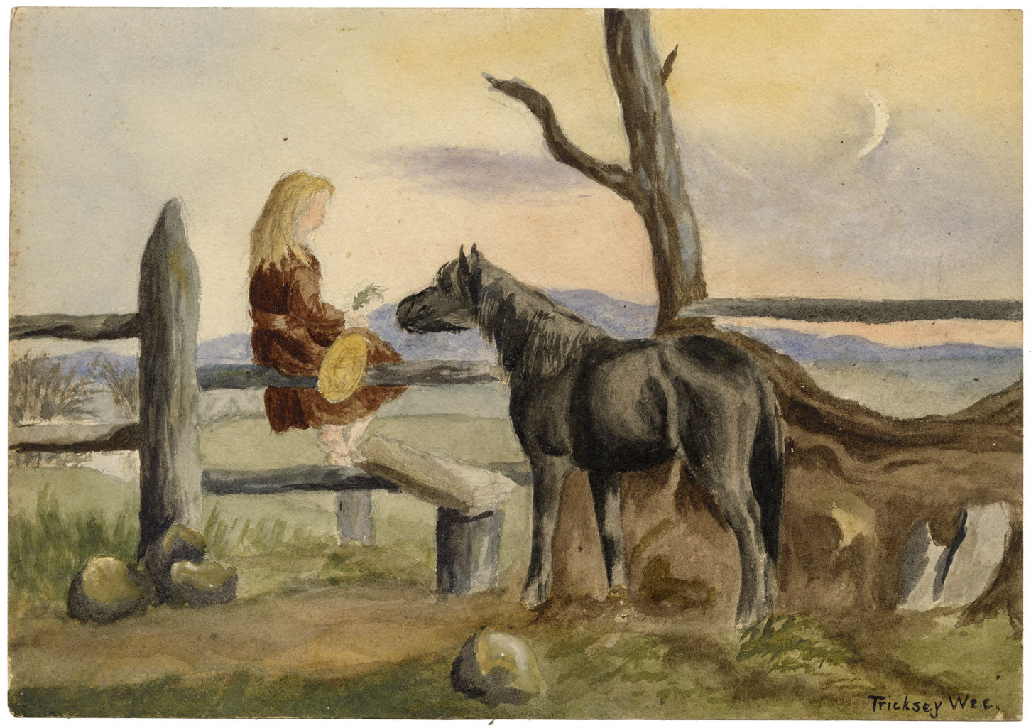Isabella Hunter, Girl with Her Horse at Dusk, Scottish Borders – 1875 watercolour painting