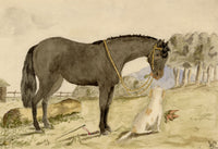 Lucy Hunter, Horse & Dog in Stable Yard, Scottish Borders – 1874 watercolour painting