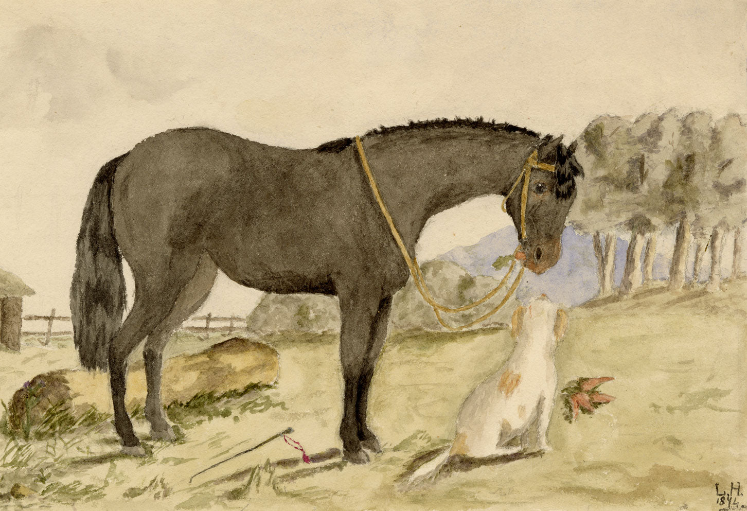 Lucy Hunter, Horse & Dog in Stable Yard, Scottish Borders – 1874 watercolour painting