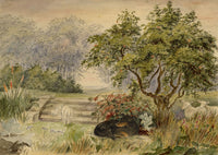 Hunter, Sheep & Dog in Garden, Anton's Hill, Berwickshire – 1870s watercolour painting