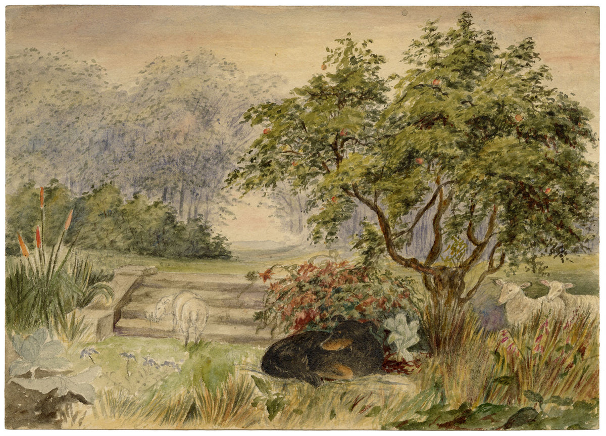 Hunter, Sheep & Dog in Garden, Anton's Hill, Berwickshire – 1870s watercolour painting