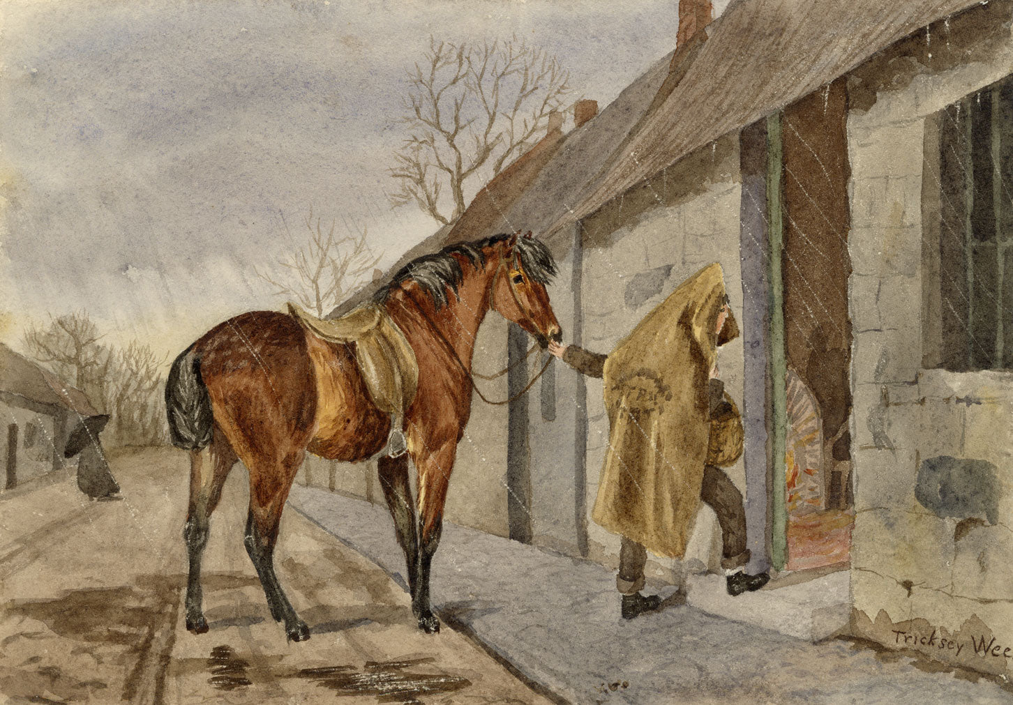 Isabella Hunter, Bay Horse by Stables in the Rain, Scottish Borders – 1877 watercolour painting