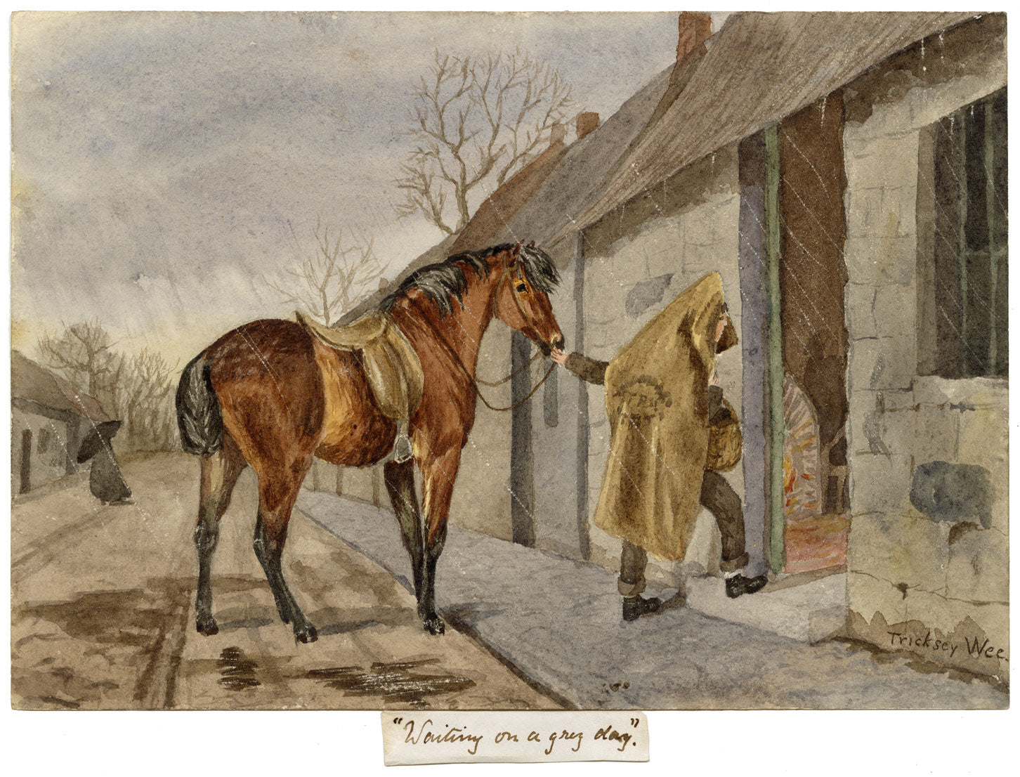 Isabella Hunter, Bay Horse by Stables in the Rain, Scottish Borders – 1877 watercolour painting