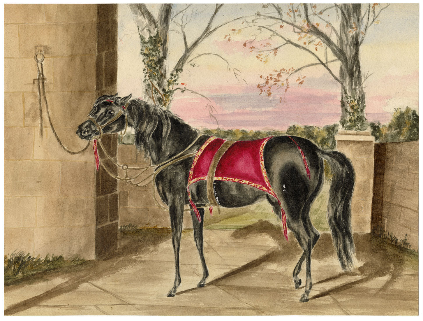 Hunter, Horse with Ornate Saddle Cloth, Scottish Borders – 1870s watercolour painting