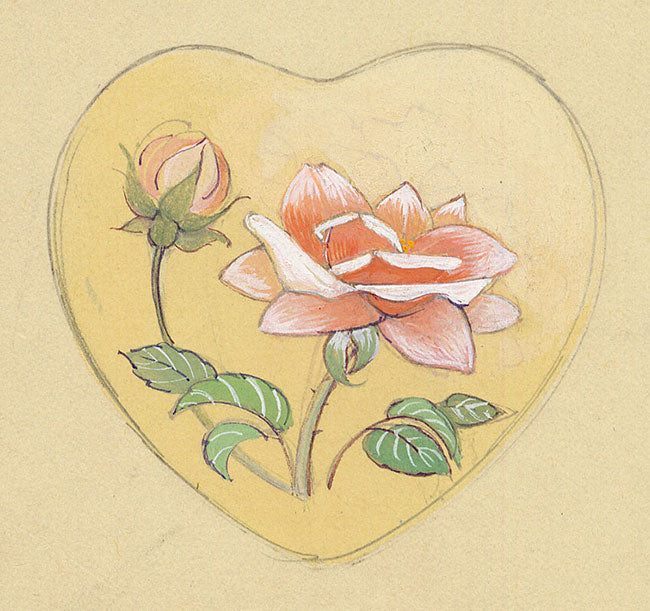 Elaine Williamson, Poole Pottery, Pink Rose Heart in Miniature – c.1980s gouache painting