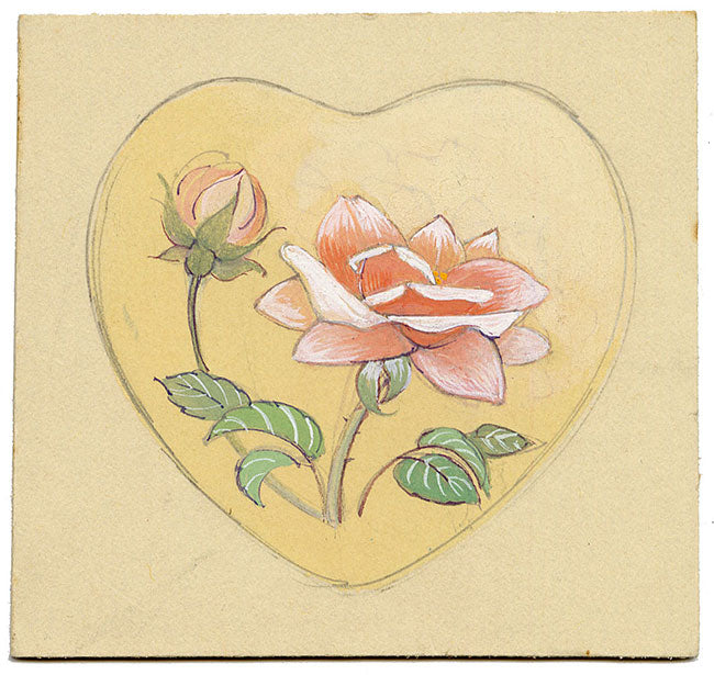 Elaine Williamson, Poole Pottery, Pink Rose Heart in Miniature – c.1980s gouache painting