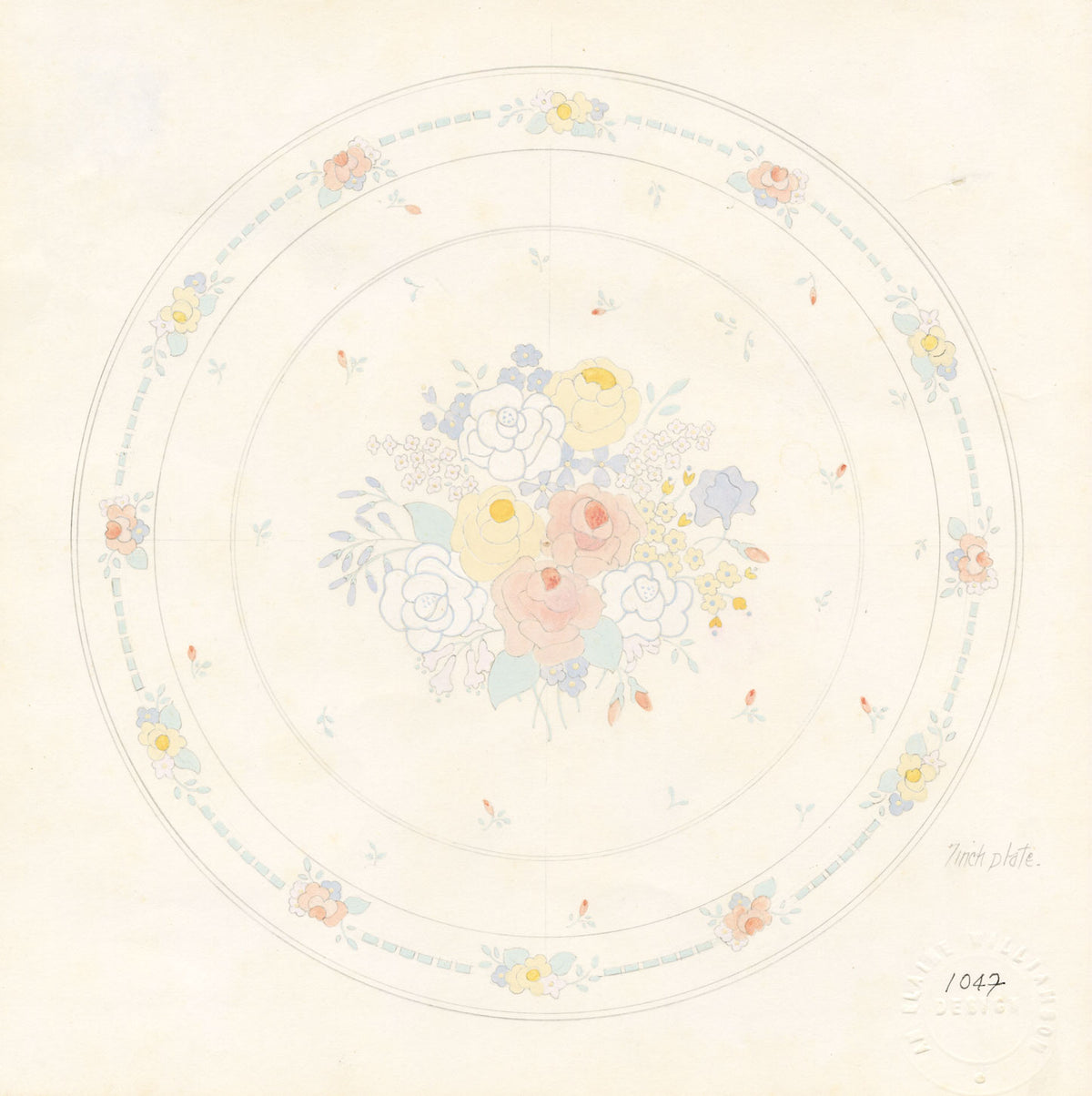 Elaine Williamson, Poole Pottery, Pastel Rose Flower Plate Design – c.1980s gouache painting