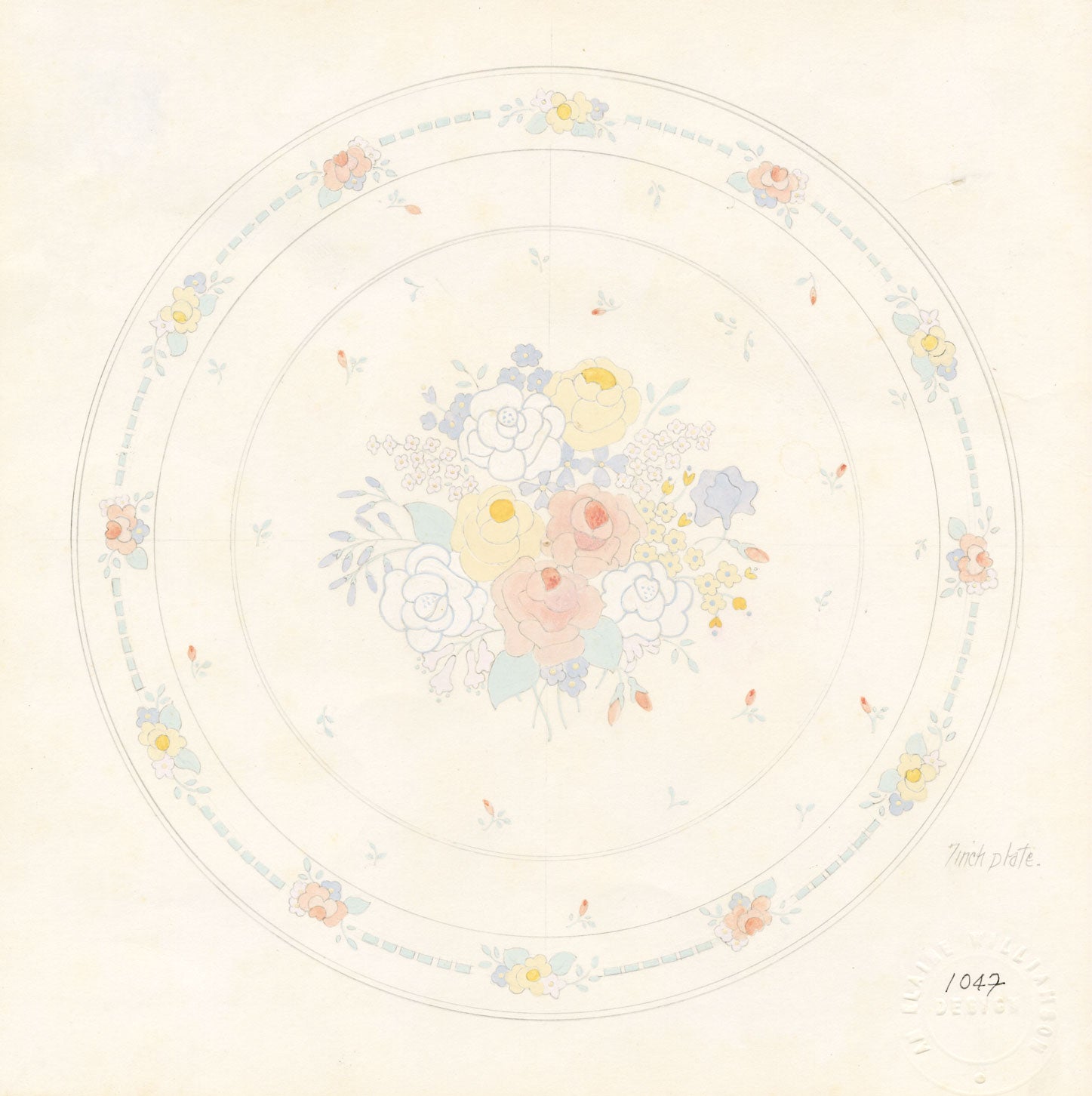 Elaine Williamson, Poole Pottery, Pastel Rose Flower Plate Design – c.1980s gouache painting