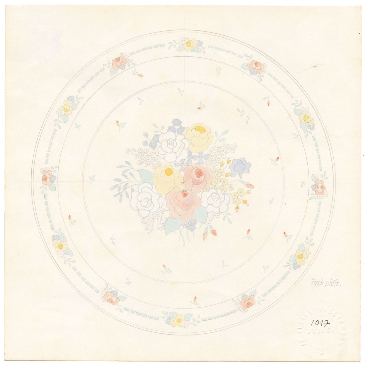 Elaine Williamson, Poole Pottery, Pastel Rose Flower Plate Design – c.1980s gouache painting
