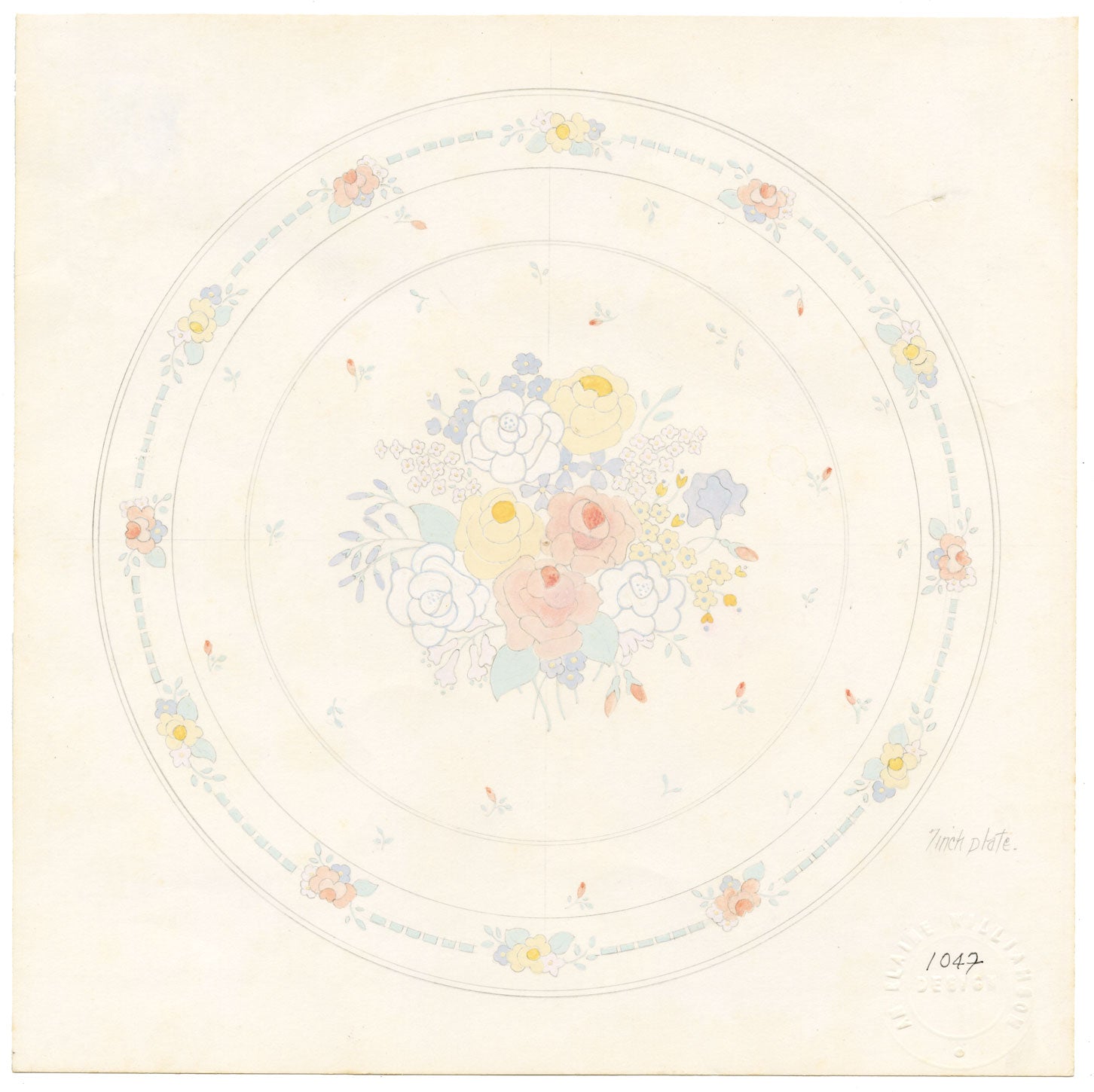 Elaine Williamson, Poole Pottery, Pastel Rose Flower Plate Design – c.1980s gouache painting