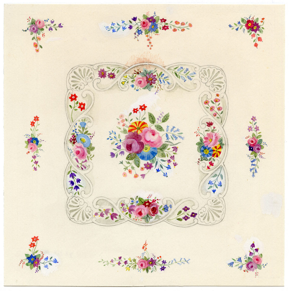 Elaine Williamson, Poole Pottery, Flower Posy Ceramic Design – c.1980s watercolour painting