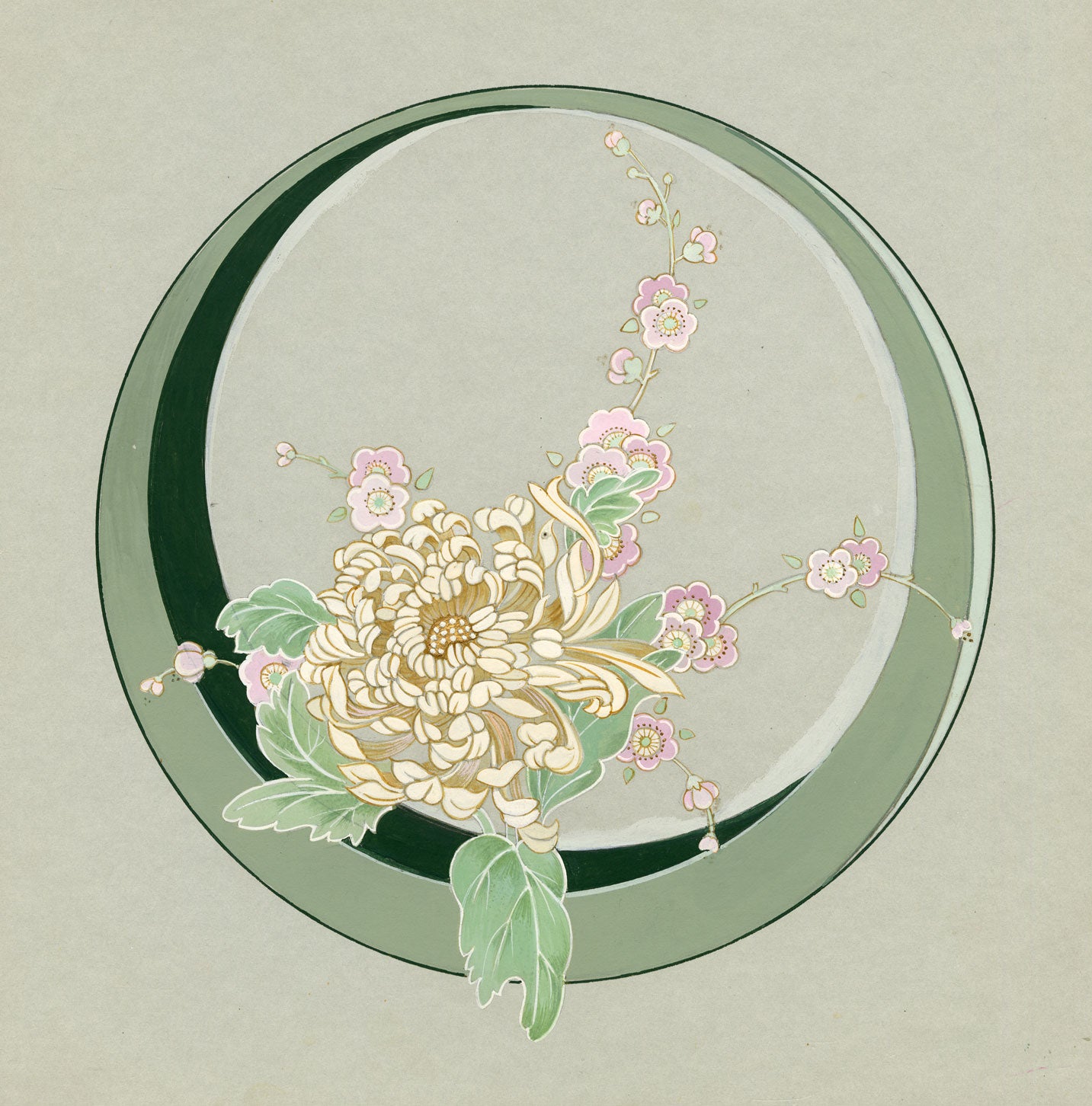 Elaine Williamson, Poole Pottery, Japanese Chrysanthemum & Cherry Blossom Plate Design – c.1980s gouache painting