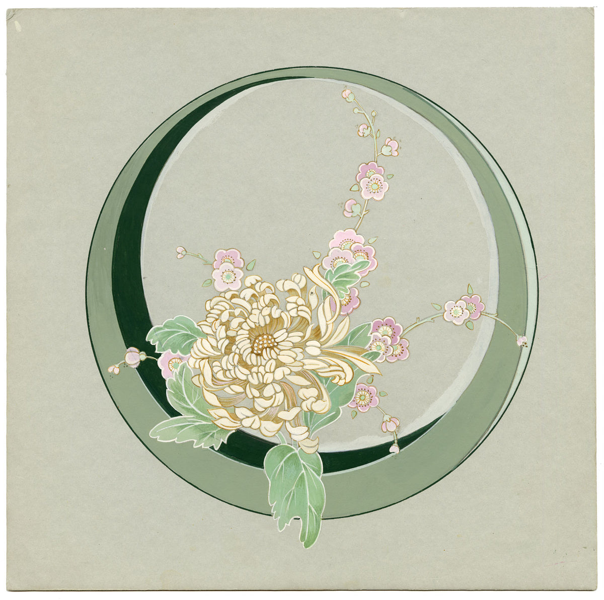 Elaine Williamson, Poole Pottery, Japanese Chrysanthemum & Cherry Blossom Plate Design – c.1980s gouache painting