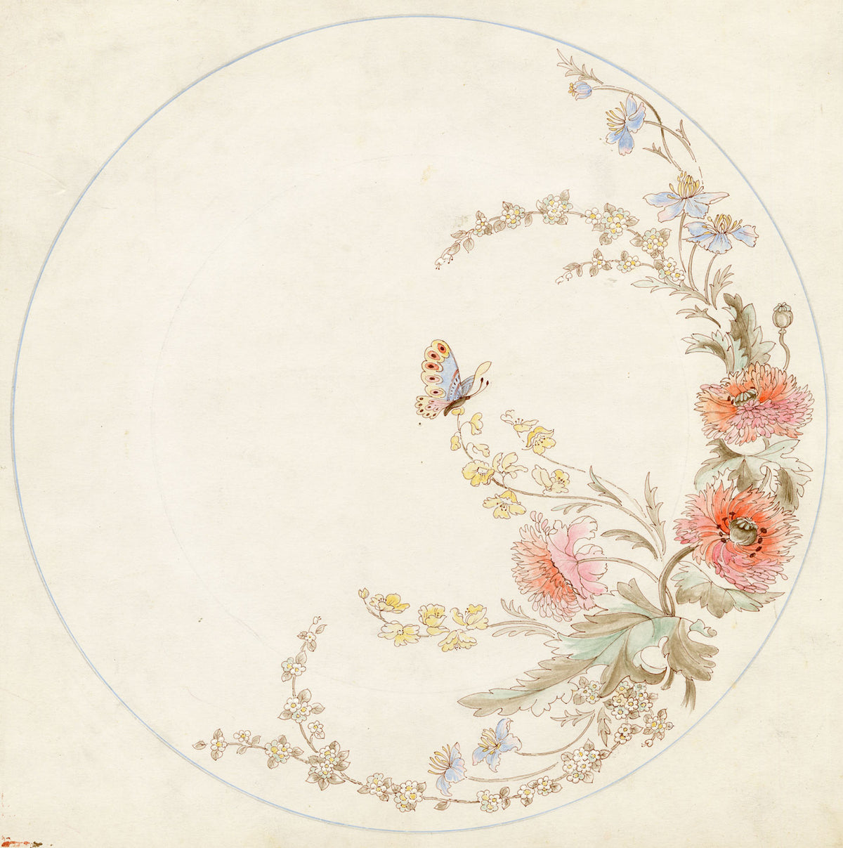 Elaine Williamson, Poole Pottery, Butterfly & Flowers Plate Design – c.1980s watercolour painting