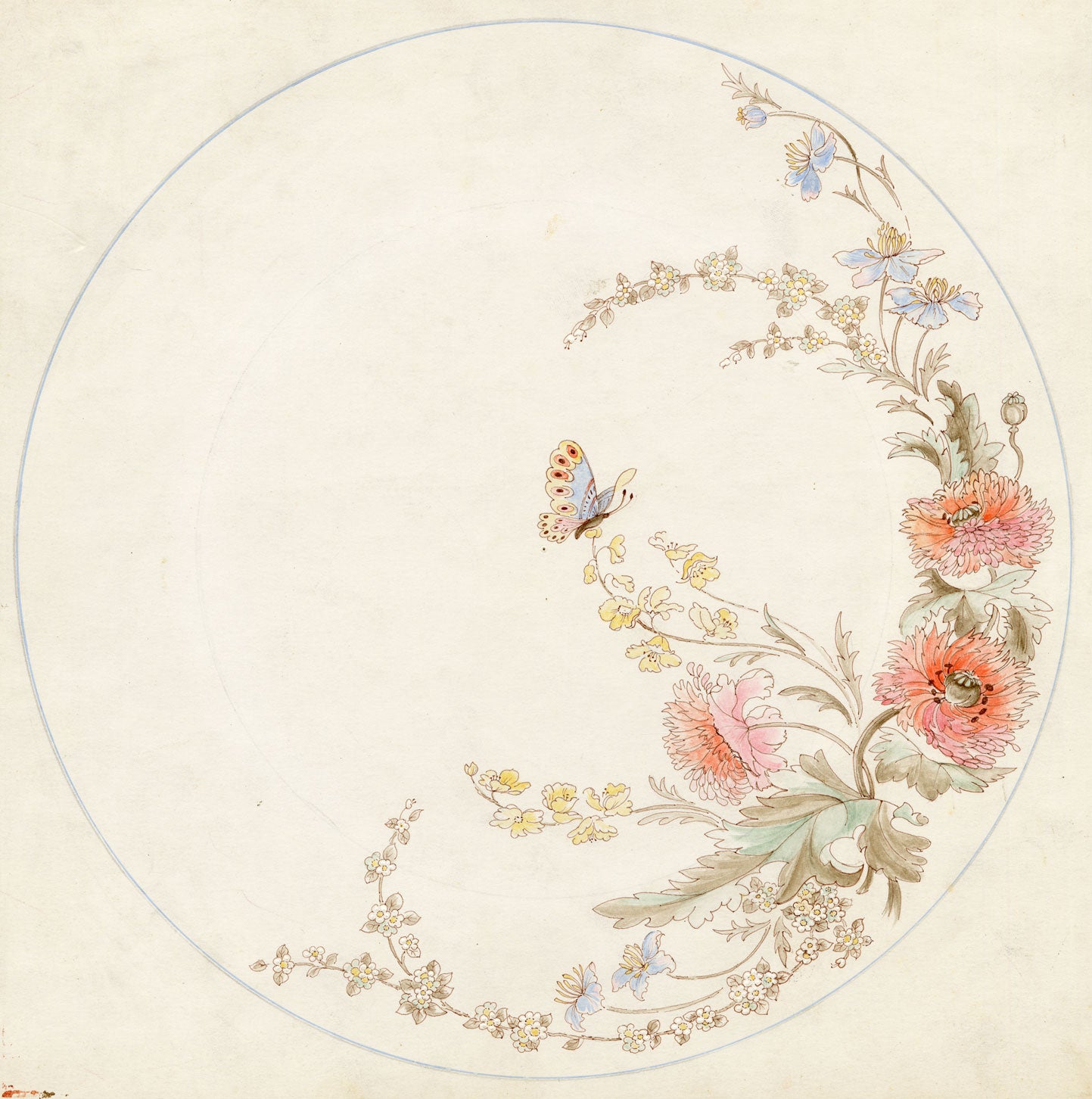 Elaine Williamson, Poole Pottery, Butterfly & Flowers Plate Design – c.1980s watercolour painting