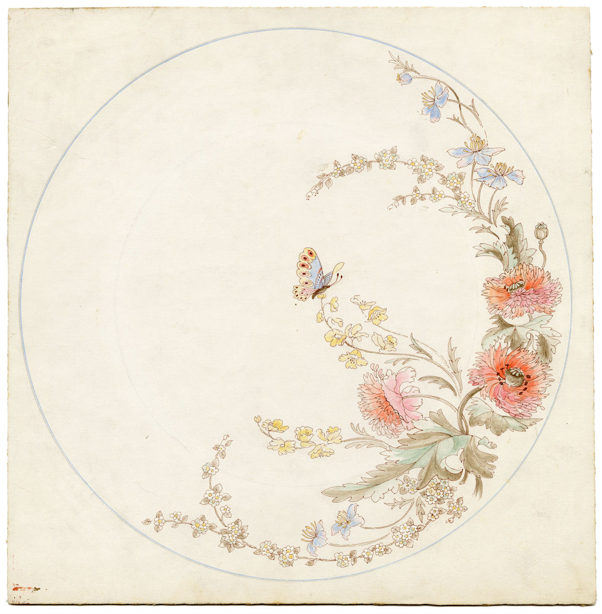 Elaine Williamson, Poole Pottery, Butterfly & Flowers Plate Design – c.1980s watercolour painting