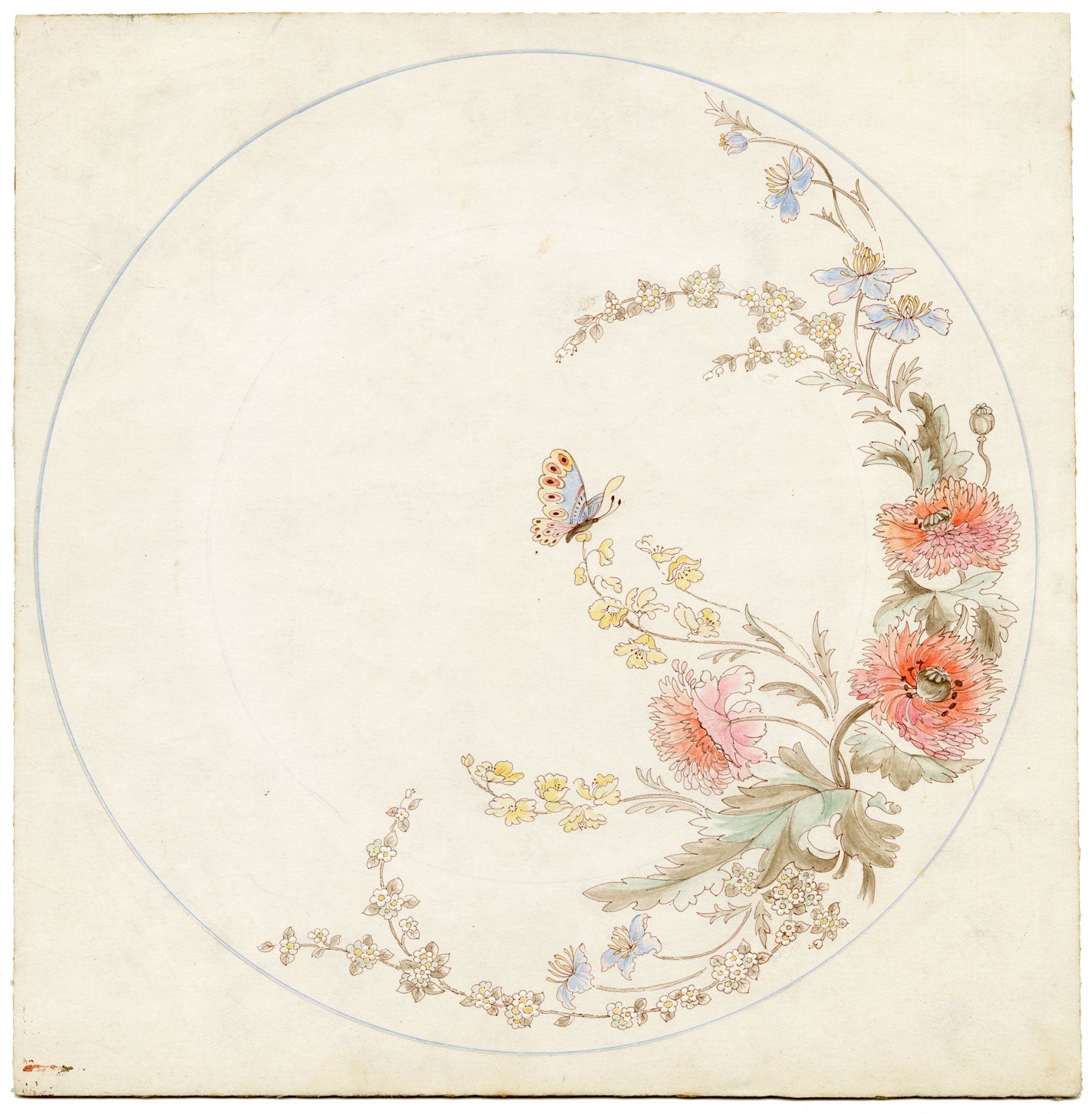 Elaine Williamson, Poole Pottery, Butterfly & Flowers Plate Design – c.1980s watercolour painting