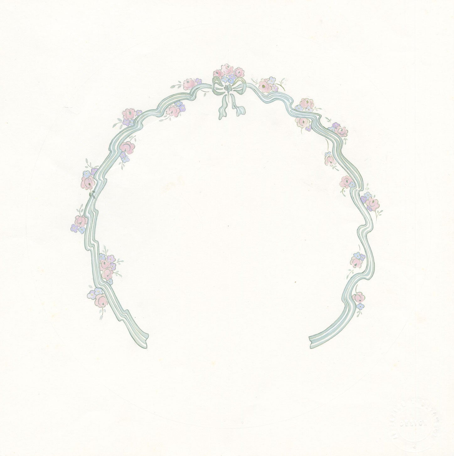 Elaine Williamson, Poole Pottery, Pastel Flowers & Ribbon Design – c.1980s gouache painting