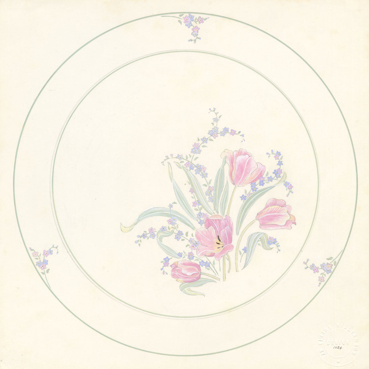 Elaine Williamson, Poole Pottery, Pastel Tulip & Forget-me-not Plate Design – 1988 gouache painting