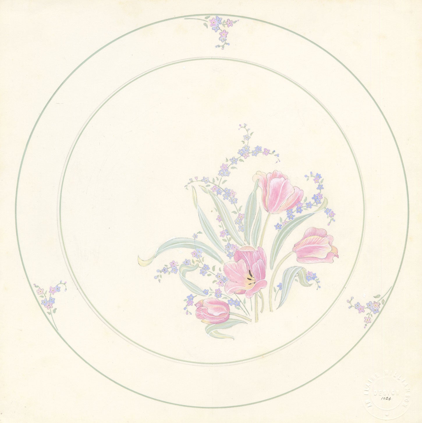 Elaine Williamson, Poole Pottery, Pastel Tulip & Forget-me-not Plate Design – 1988 gouache painting