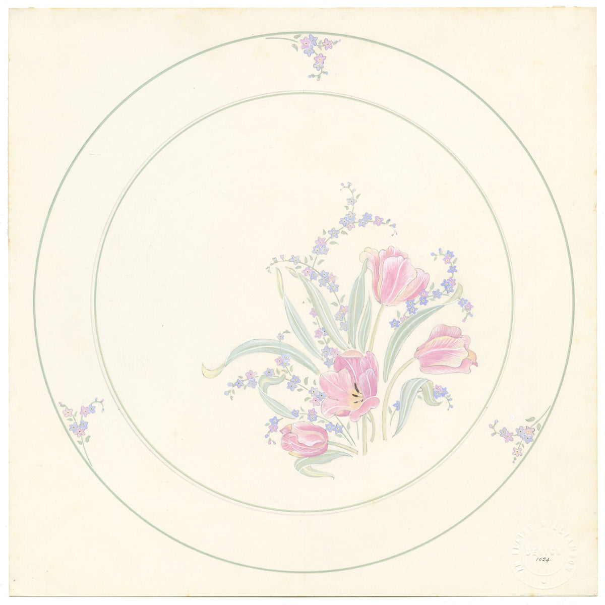Elaine Williamson, Poole Pottery, Pastel Tulip & Forget-me-not Plate Design – 1988 gouache painting