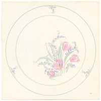Elaine Williamson, Poole Pottery, Pastel Tulip & Forget-me-not Plate Design – 1988 gouache painting