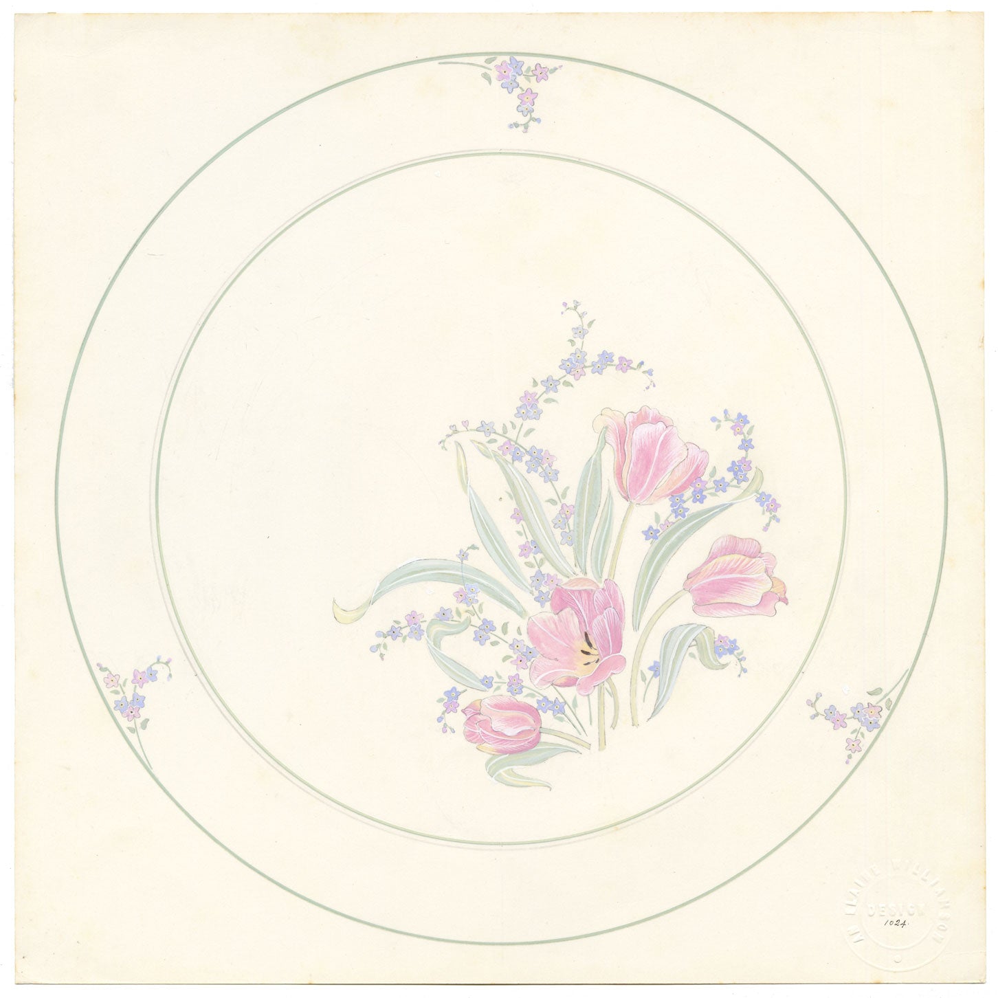 Elaine Williamson, Poole Pottery, Pastel Tulip & Forget-me-not Plate Design – 1988 gouache painting