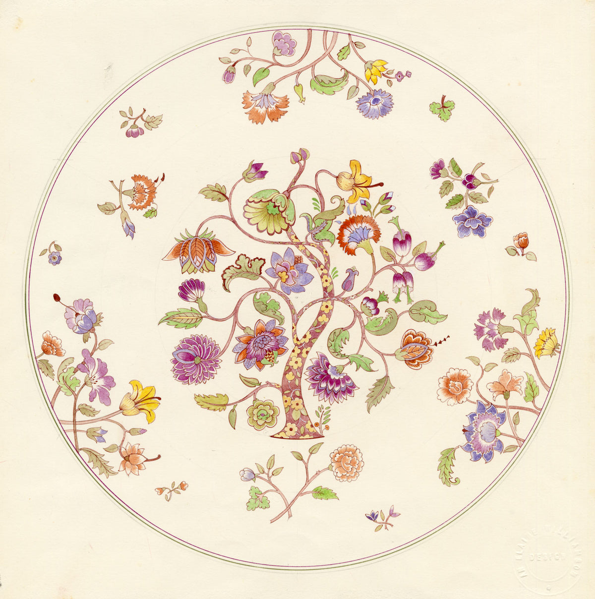 Elaine Williamson, Poole Pottery, Chinoiserie Flower Tree Plate Design – c.1980s watercolour painting