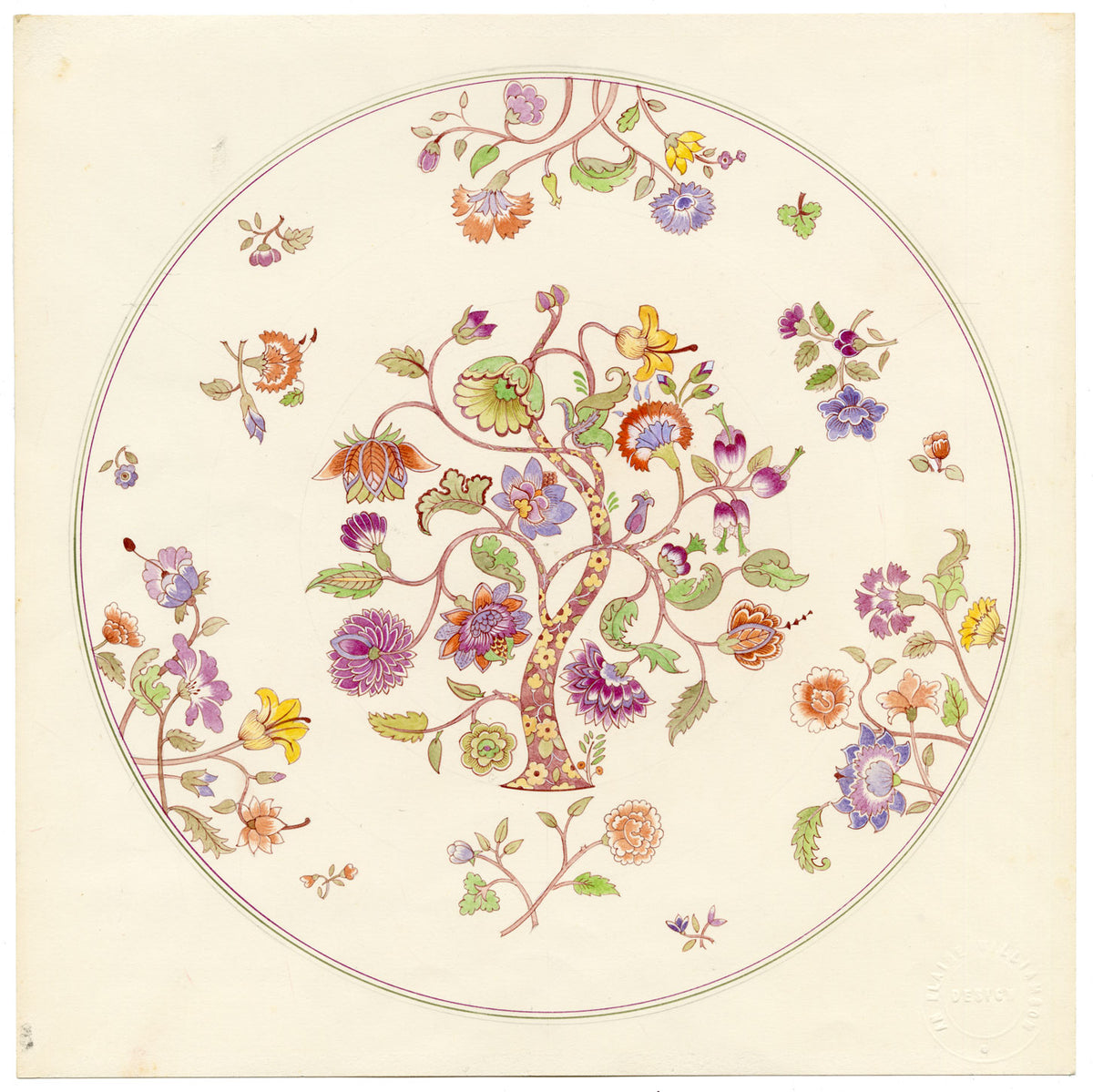 Elaine Williamson, Poole Pottery, Chinoiserie Flower Tree Plate Design – c.1980s watercolour painting