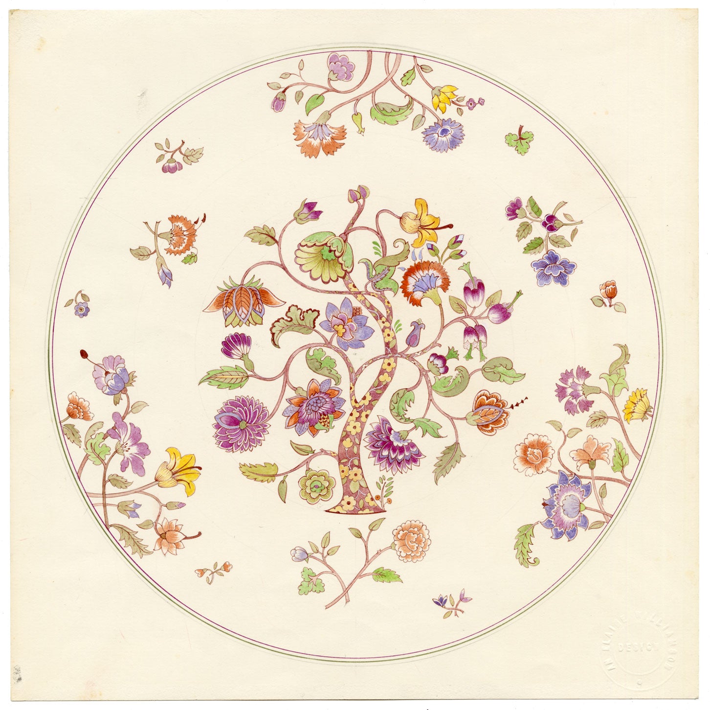 Elaine Williamson, Poole Pottery, Chinoiserie Flower Tree Plate Design – c.1980s watercolour painting