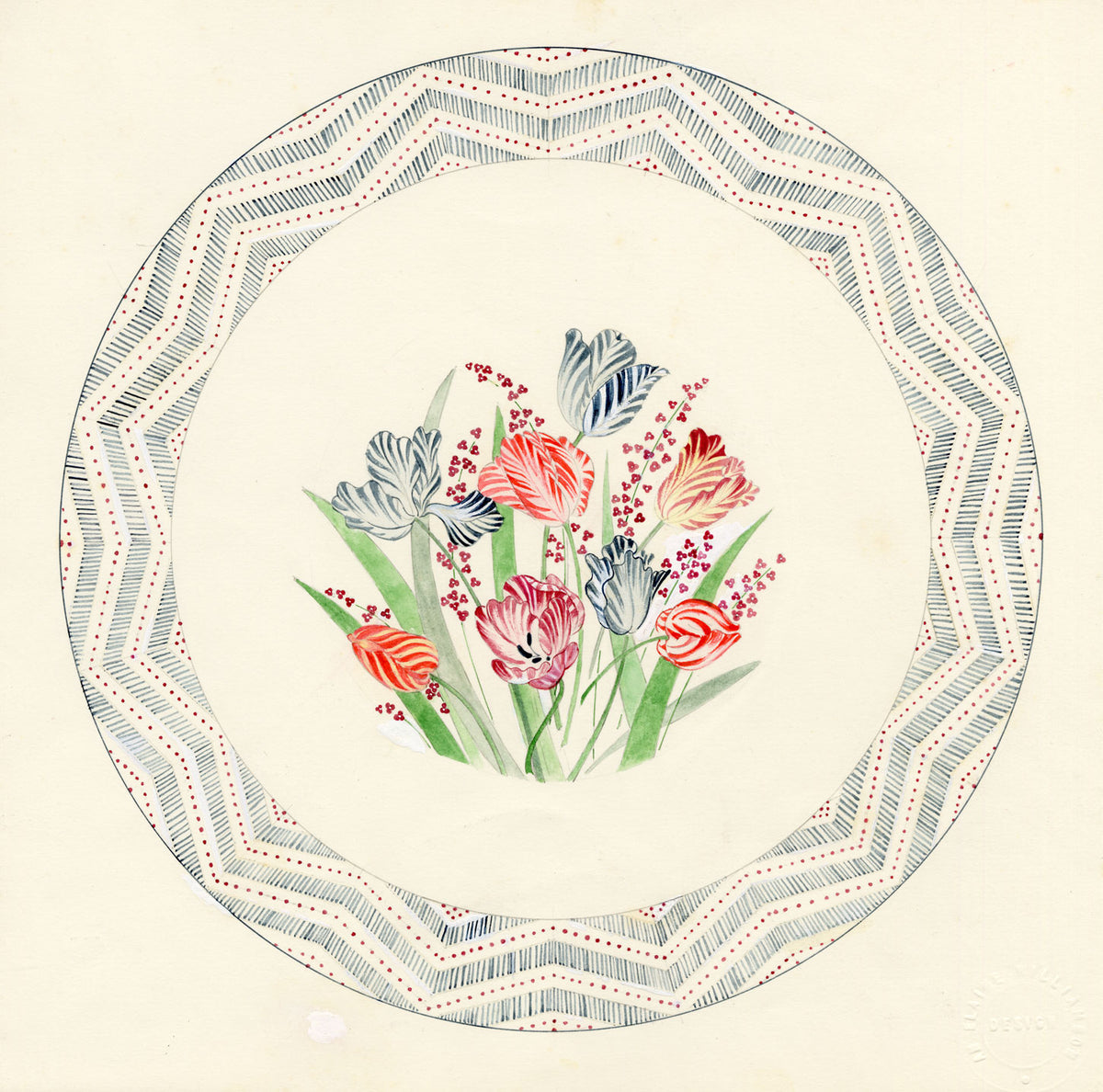 Elaine Williamson, Poole Pottery, Tulip Flowers Plate Design – 1989 watercolour painting